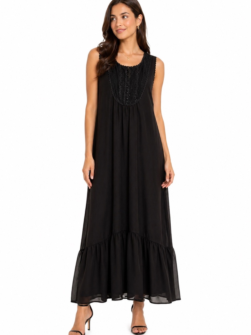 Max Studio Black Sleeveless Lace-Yoke Maxi Dress